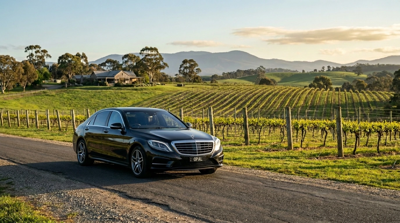 Luxury Mercedes chauffeur car parked on a Yarra Valley vineyard road during a Ballarat to Yarra Valley wine adventure