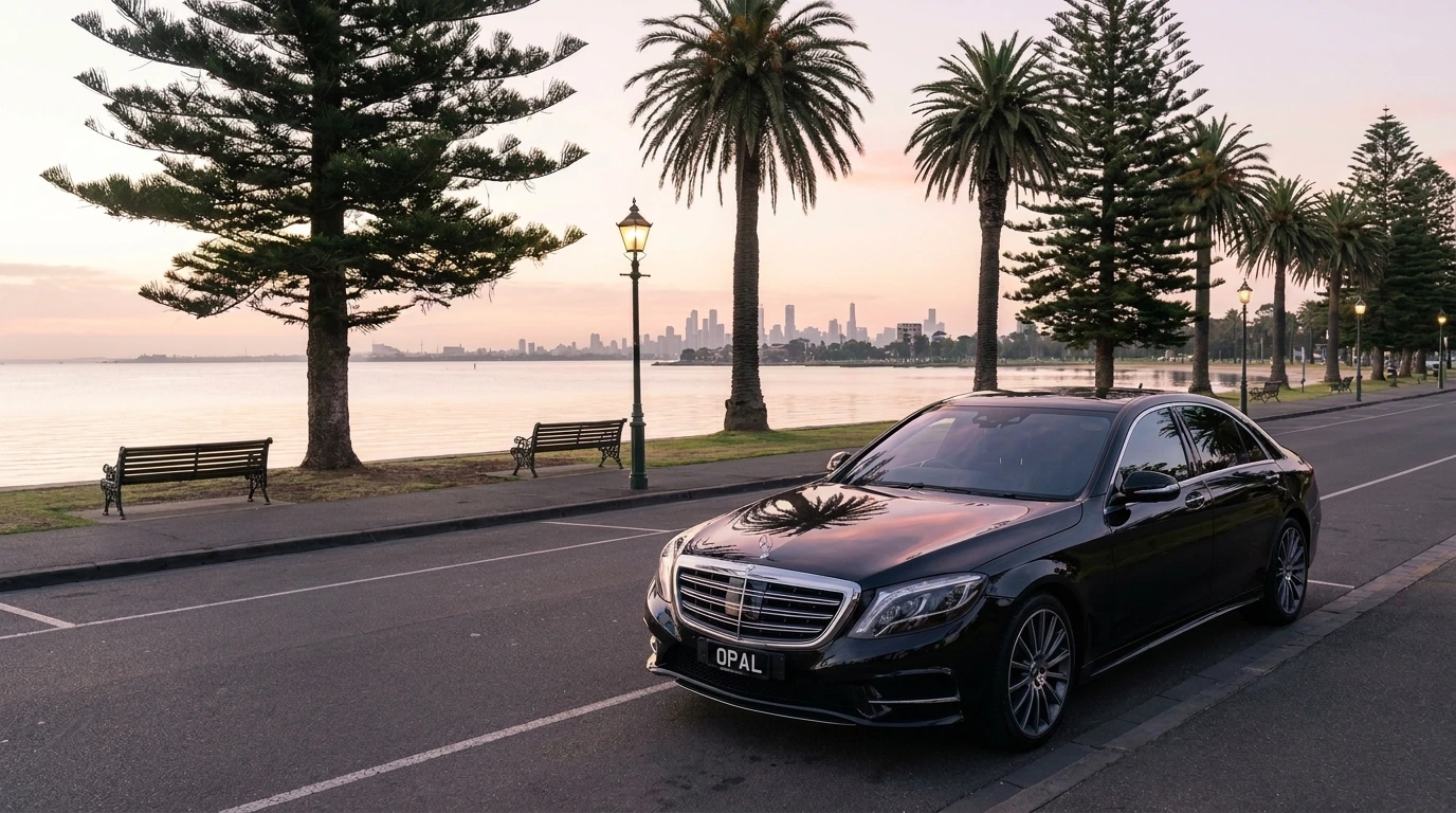 Luxury Mercedes chauffeur car at Albert Park ready for a same-day return trip to Melbourne Airport