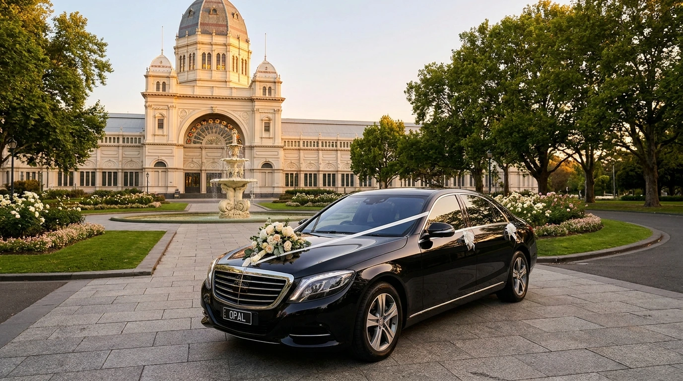 Polished Mercedes S-Class wedding chauffeur car parked in front of the iconic Royal Exhibition Building at Carlton Gardens Melbourne during golden hour on a wedding day