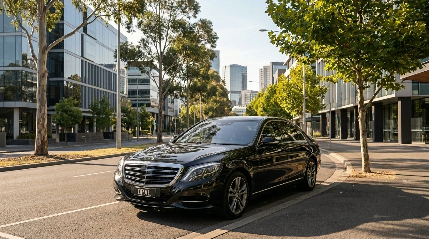 Polished Mercedes S-Class corporate chauffeur car outside a modern Blackburn business office building for eastern suburbs executive transport