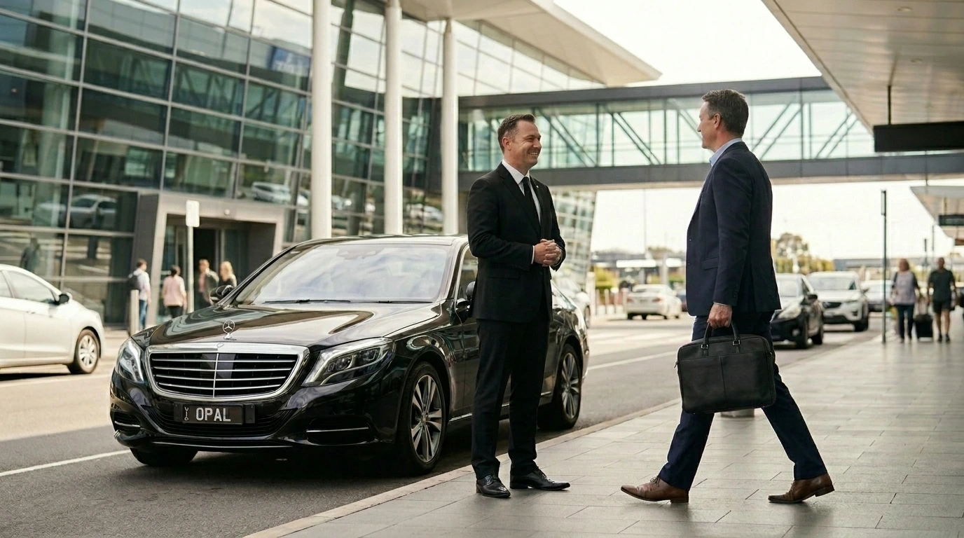 Chauffeur loading luggage into a luxury sedan for an executive on a leafy Blackburn street, ready for a stress-free Blackburn to Melbourne Airport corporate transfer