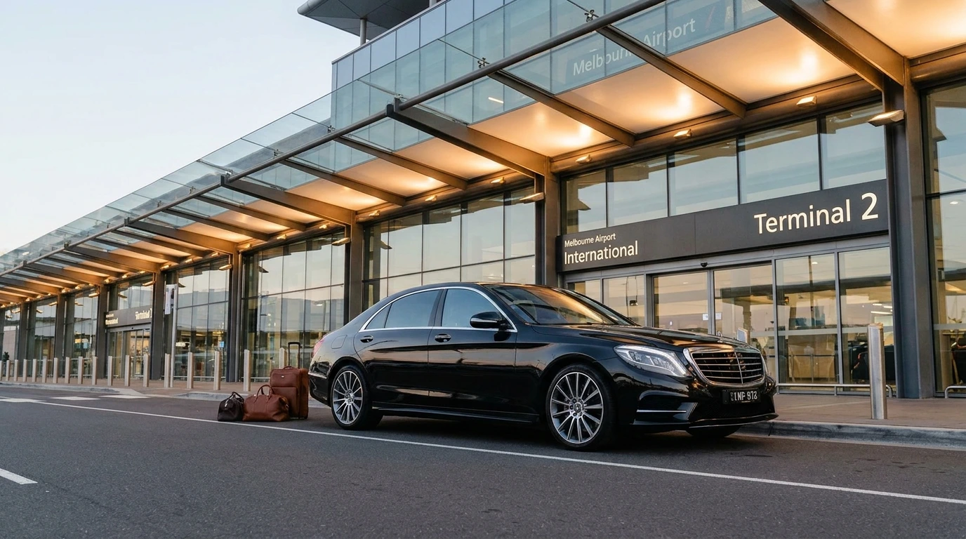 Luxury Mercedes S-Class chauffeur car waiting outside an upmarket Berwick home before a business class airport transfer to Tullamarine