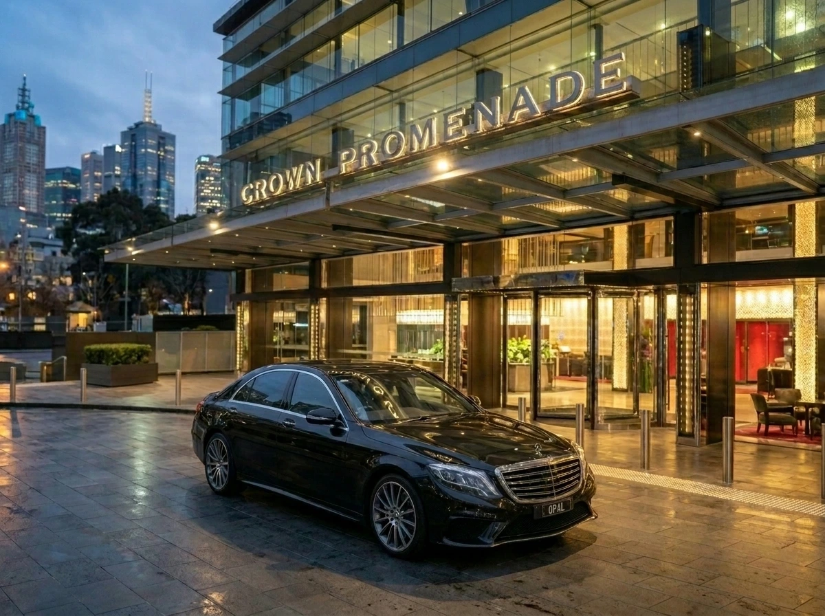 Polished Mercedes S-Class concierge chauffeur car at the Crown Promenade Southbank arrival forecourt for a Melbourne corporate event