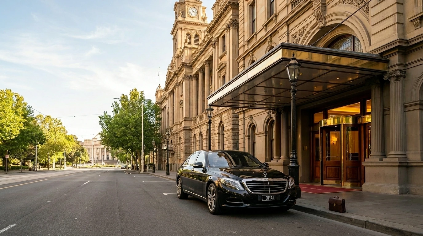 Polished Mercedes S-Class chauffeur car at the Hotel Windsor heritage entrance in East Melbourne waiting for a corporate airport pickup arrival