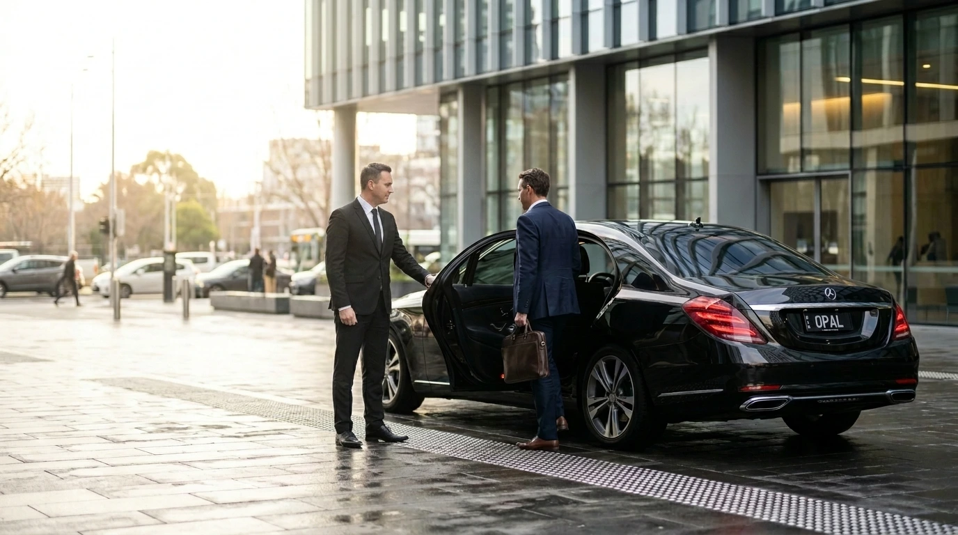 Professional chauffeur opening a luxury sedan door for a business executive outside a Melbourne corporate office, illustrating a corporate chauffeur account in Melbourne