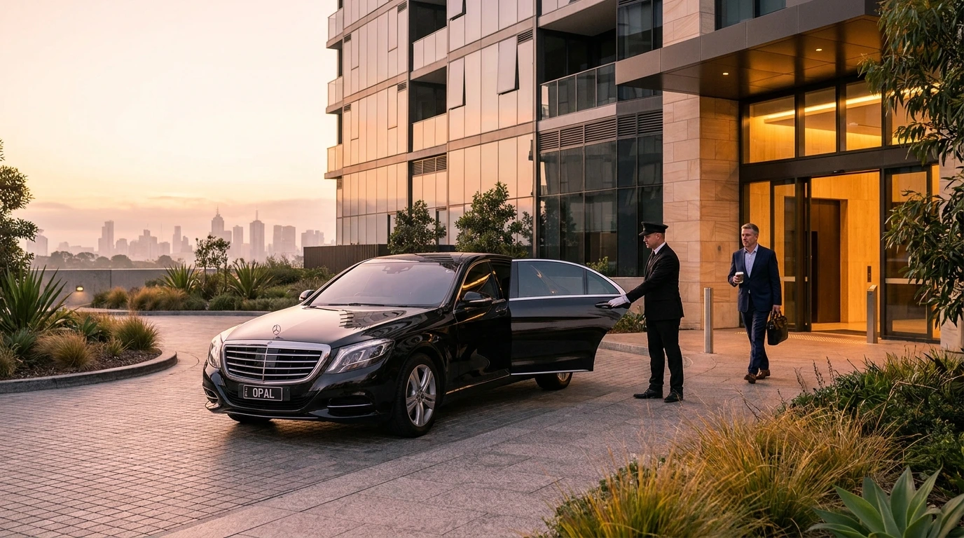 Professional chauffeur opening the door of a Mercedes S-Class for a senior business client at a Doncaster Road pickup point at dawn ready for a daily executive transfer to Melbourne CBD