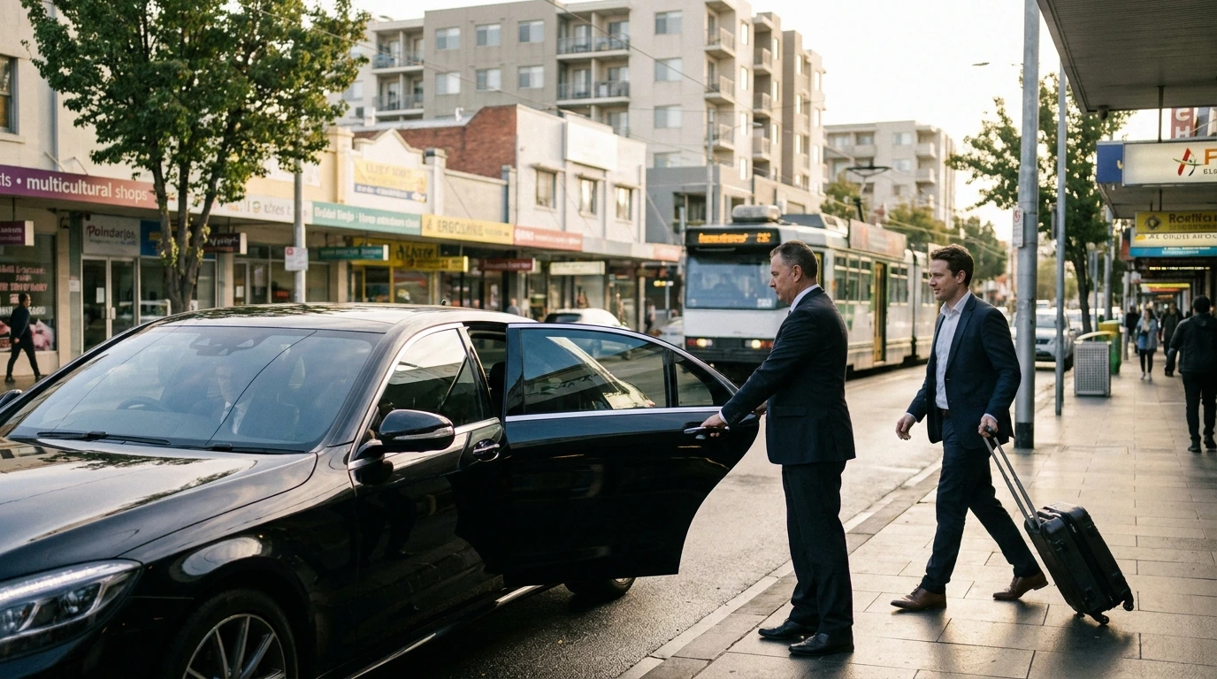Chauffeur opening a luxury sedan door for a traveller on a Box Hill street in Melbourne's eastern suburbs, ready for a transfer to Melbourne Airport