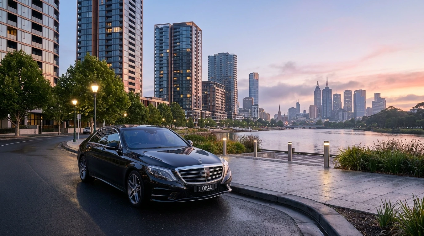 Polished Mercedes S-Class chauffeur car at the Joseph Road Precinct riverside in Footscray at dawn with the Melbourne CBD skyline visible across the Maribyrnong River