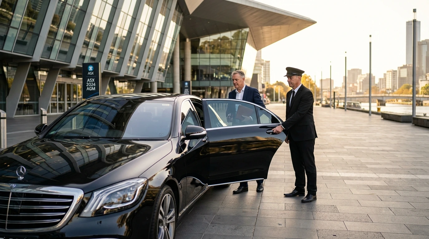 Polished Mercedes S-Class chauffeur car arriving at a Melbourne AGM venue with directors stepping out for an Annual General Meeting