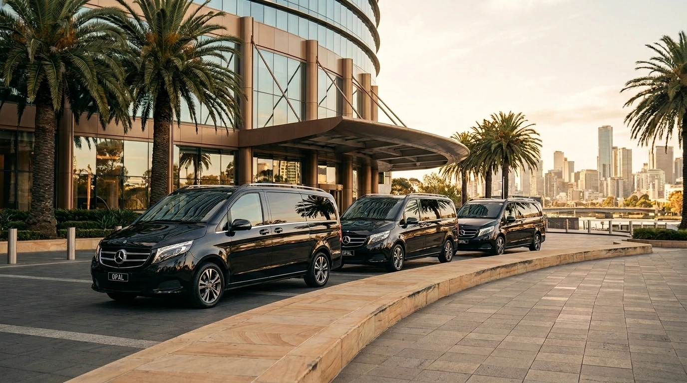 Multiple Mercedes V-Class chauffeur vehicles staged at a Melbourne conference venue for coordinated group corporate transfers