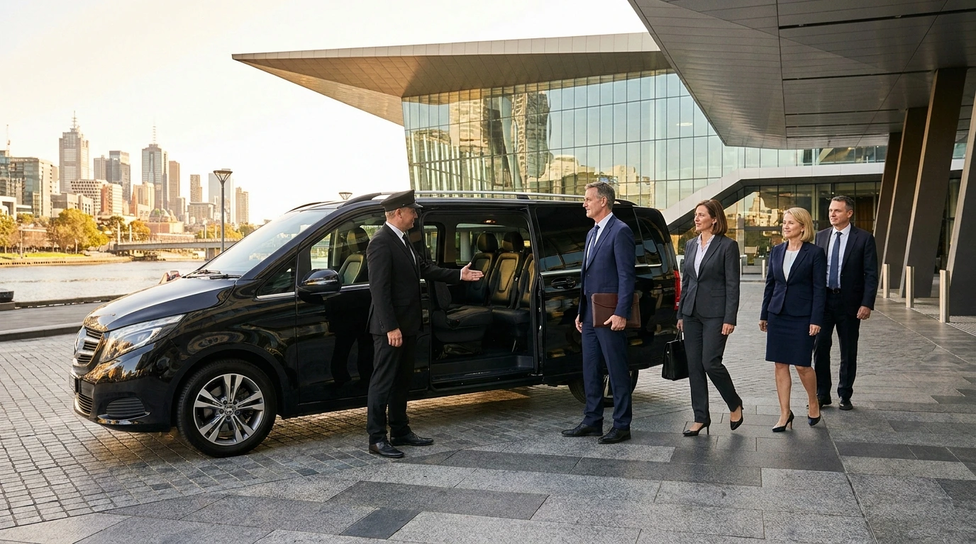 Coordinated group of senior corporate delegates arriving at the MCEC South Wharf in a Mercedes V-Class luxury chauffeur vehicle from the Park Hyatt Melbourne