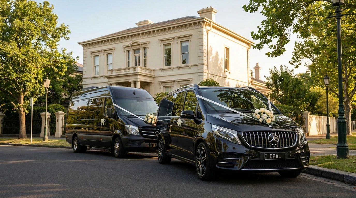 Coordinated Mercedes V-Class and Mercedes Sprinter wedding fleet parked outside a heritage family home on a refined Hawthorn East tree-lined street ready for a group wedding day departure
