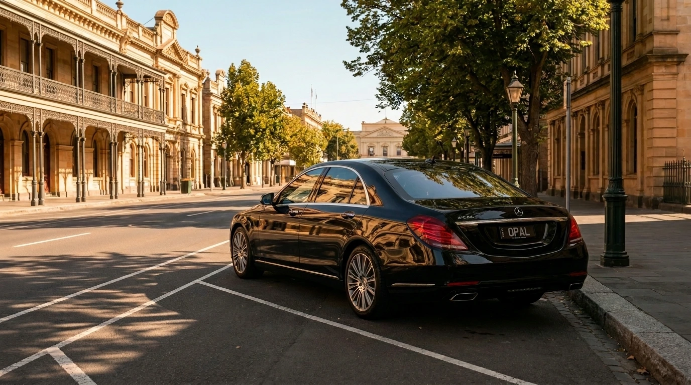 Polished Mercedes S-Class chauffeur car parked on the heritage Pall Mall streetscape in central Bendigo during a private intercity chauffeur day from Hawthorn East