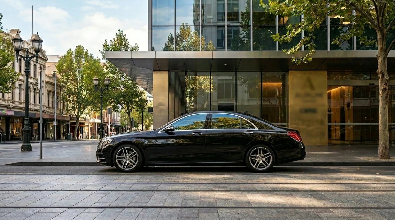 Polished Mercedes S-Class chauffeur car waiting at a Langwarrin executive home for a corporate CBD transfer