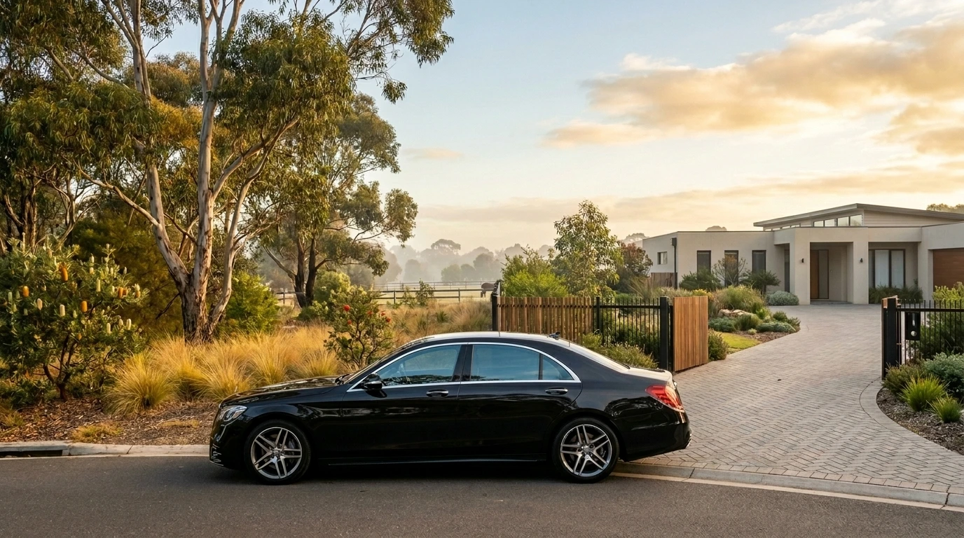 Polished Mercedes S-Class chauffeur car parked along Cranbourne Road Langwarrin at dawn ready for a multi-day executive roadshow departure to Melbourne
