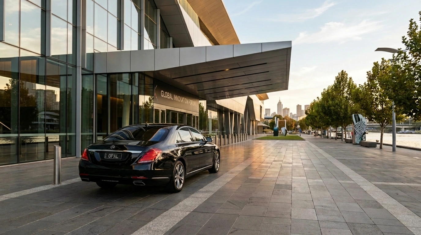 Polished Mercedes S-Class chauffeur car at the Melbourne Convention and Exhibition Centre VIP forecourt waiting for a conference sponsorship guest
