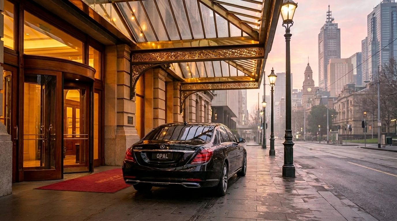 Polished Mercedes S-Class chauffeur car at a Melbourne CBD five-star hotel forecourt at dawn ready for a multi-city roadshow departure to regional Victoria