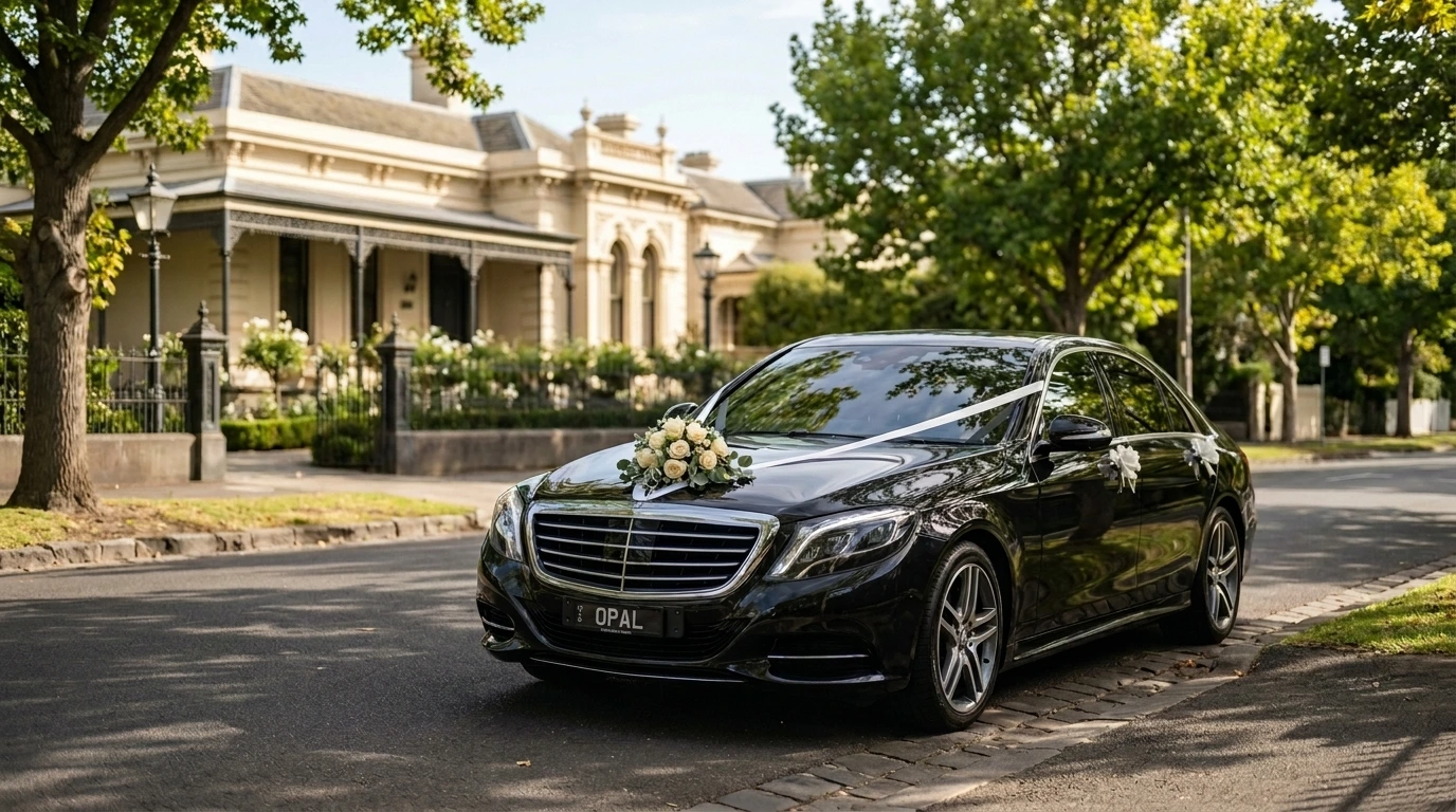 Polished Mercedes S-Class wedding limo parked outside a heritage Toorak residence on a wedding day, with cream roses and white satin ribbons signalling the bridal arrival