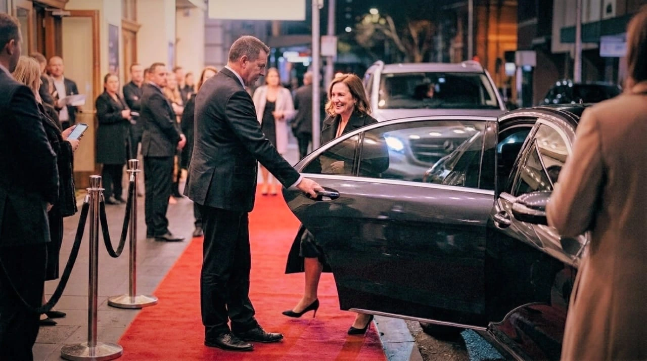 Chauffeur assisting a guest from a luxury sedan at a Melbourne event entrance in the evening, illustrating professional VIP and talent transfers