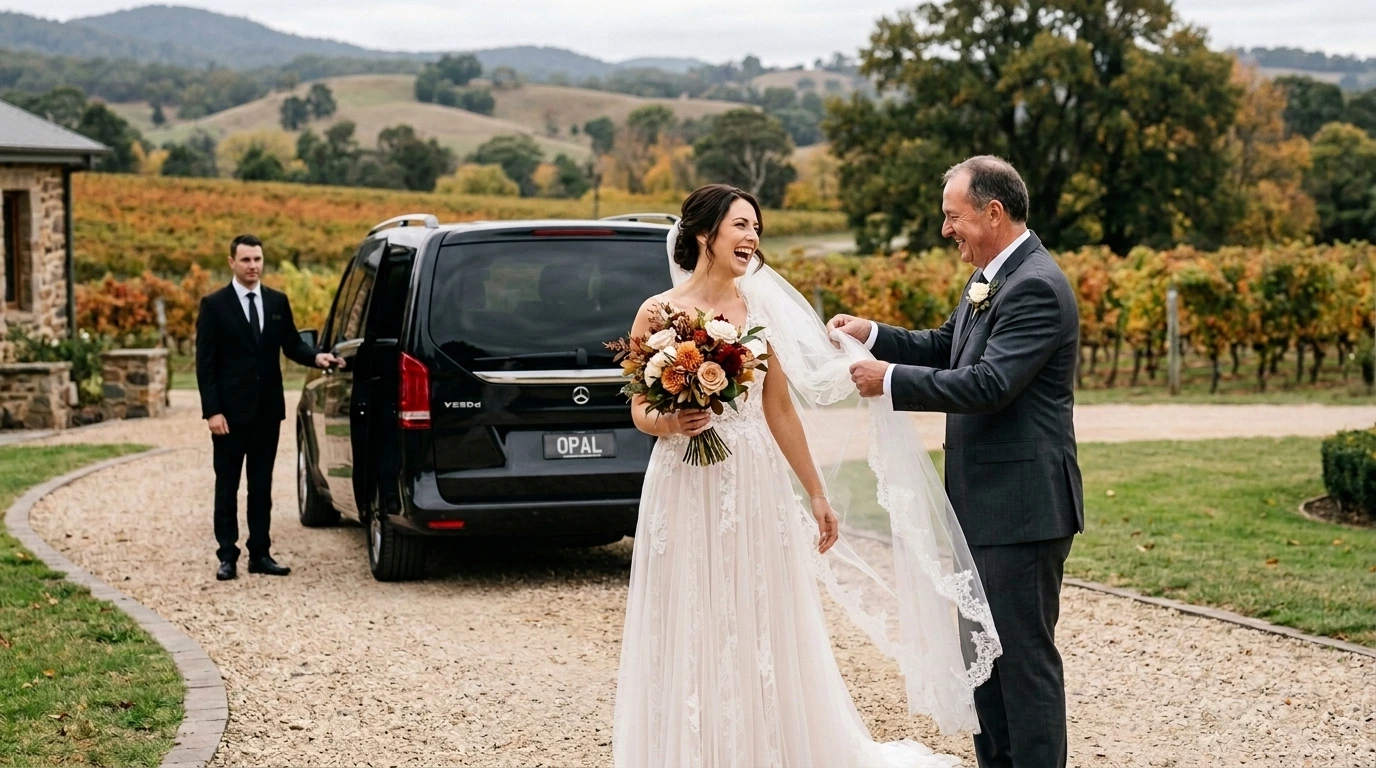 Bride laughing with her father and a chauffeur with car standing behind them