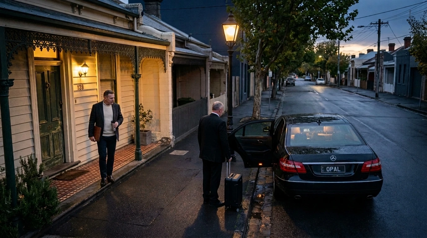 Footscray traveller walking to a waiting Mercedes E Class chauffeur car in the pre dawn light outside his heritage terrace on Barkly Street before an early morning international flight