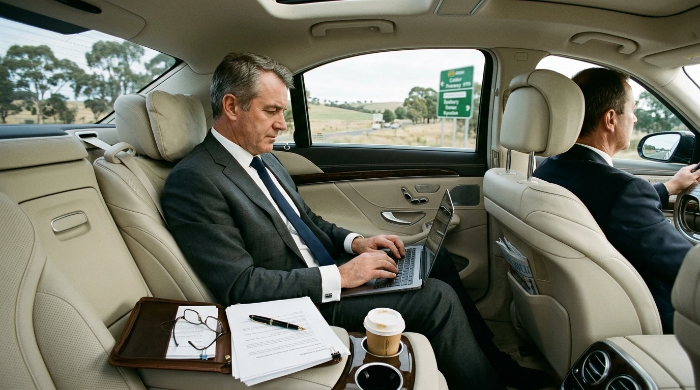 Mature Australian executive working on his laptop in the rear cabin of a Mercedes S Class LWB during the Calder Freeway leg of a multi city corporate chauffeur day from Melbourne CBD to Bendigo