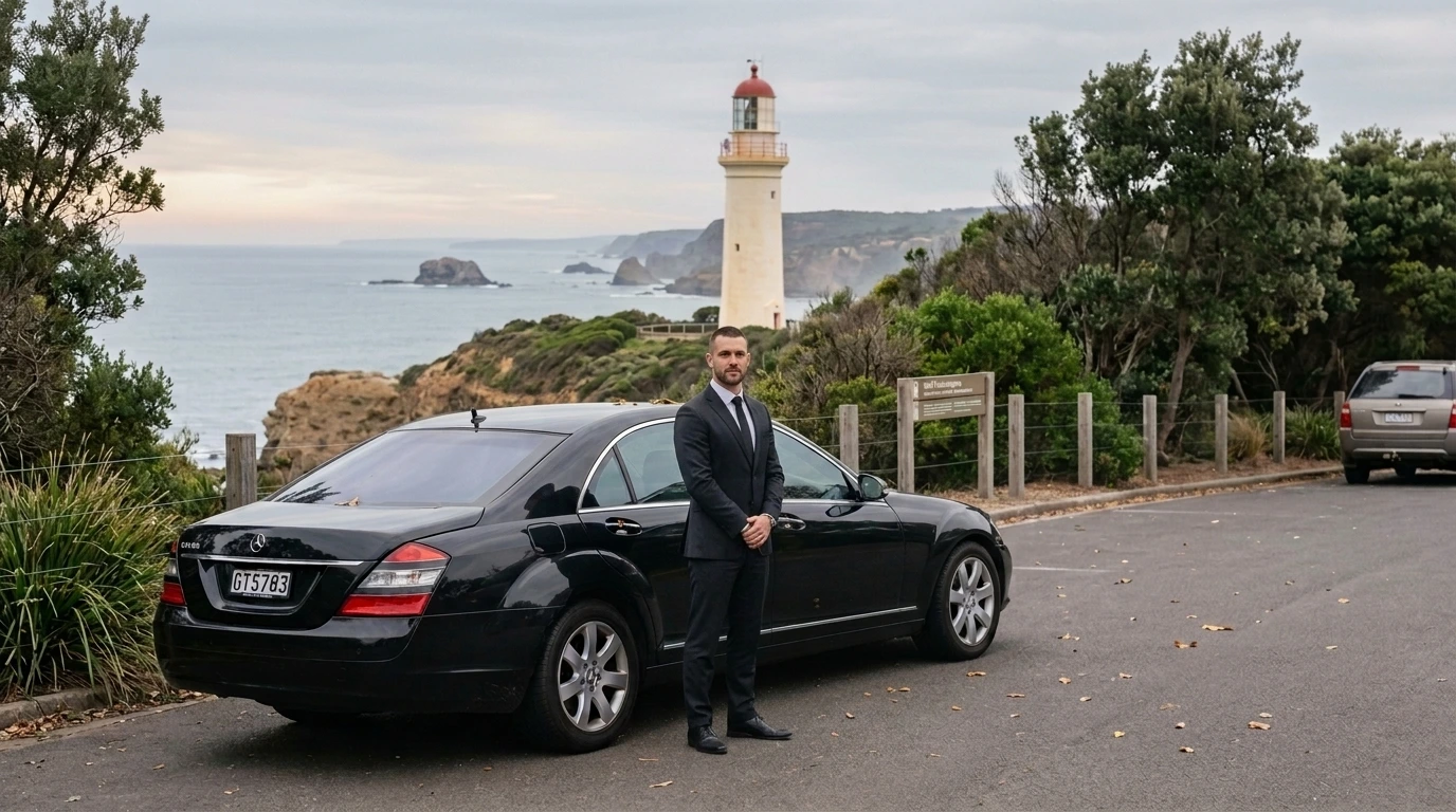 Black Mercedes S Class LWB chauffeur car parked at the Split Point Lighthouse lookout in Aireys Inlet with the chauffeur waiting while his passenger looks out at the coast during a chauffeur driven day from Richmond