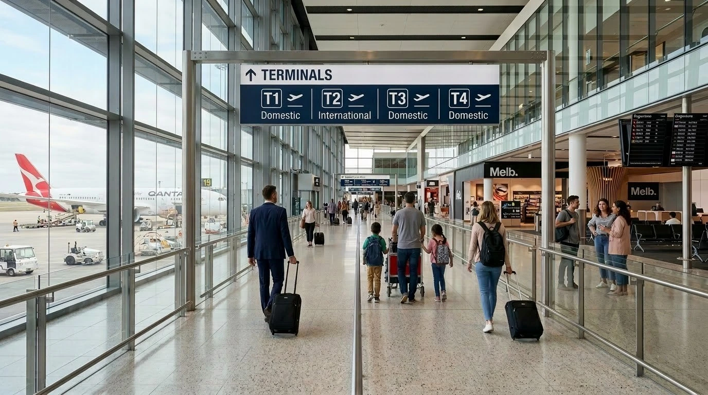 Melbourne Airport terminal guide showing T1, T2, T3 and T4 with travellers and luggage inside a modern airport terminal.