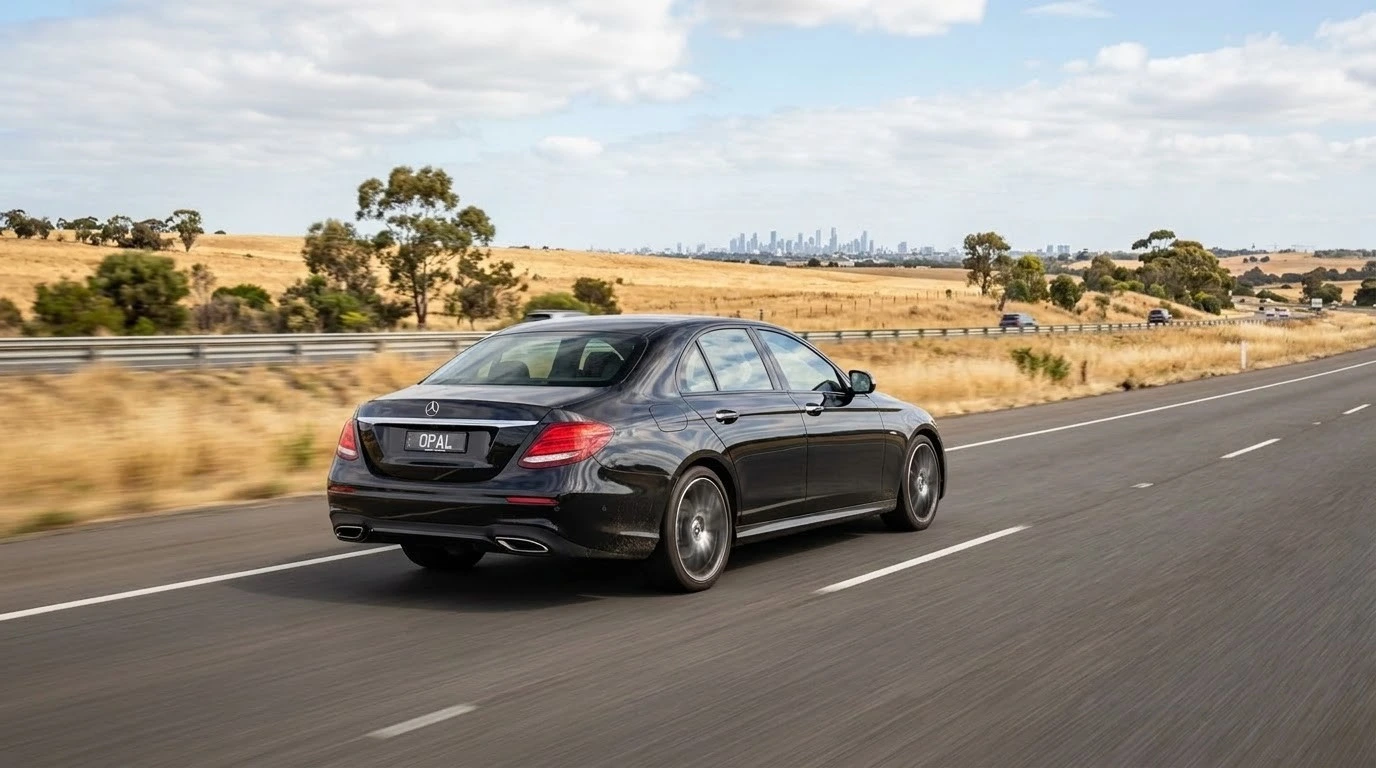 Luxury sedan on the highway during a Geelong to Melbourne Airport transfer