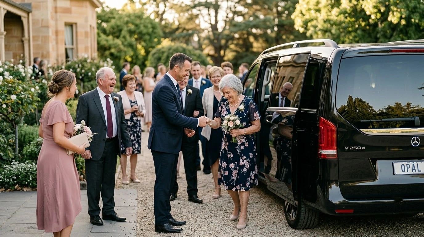 Wedding guests boarding a Mercedes van with chauffeur hire in Melbourne outside a reception venue