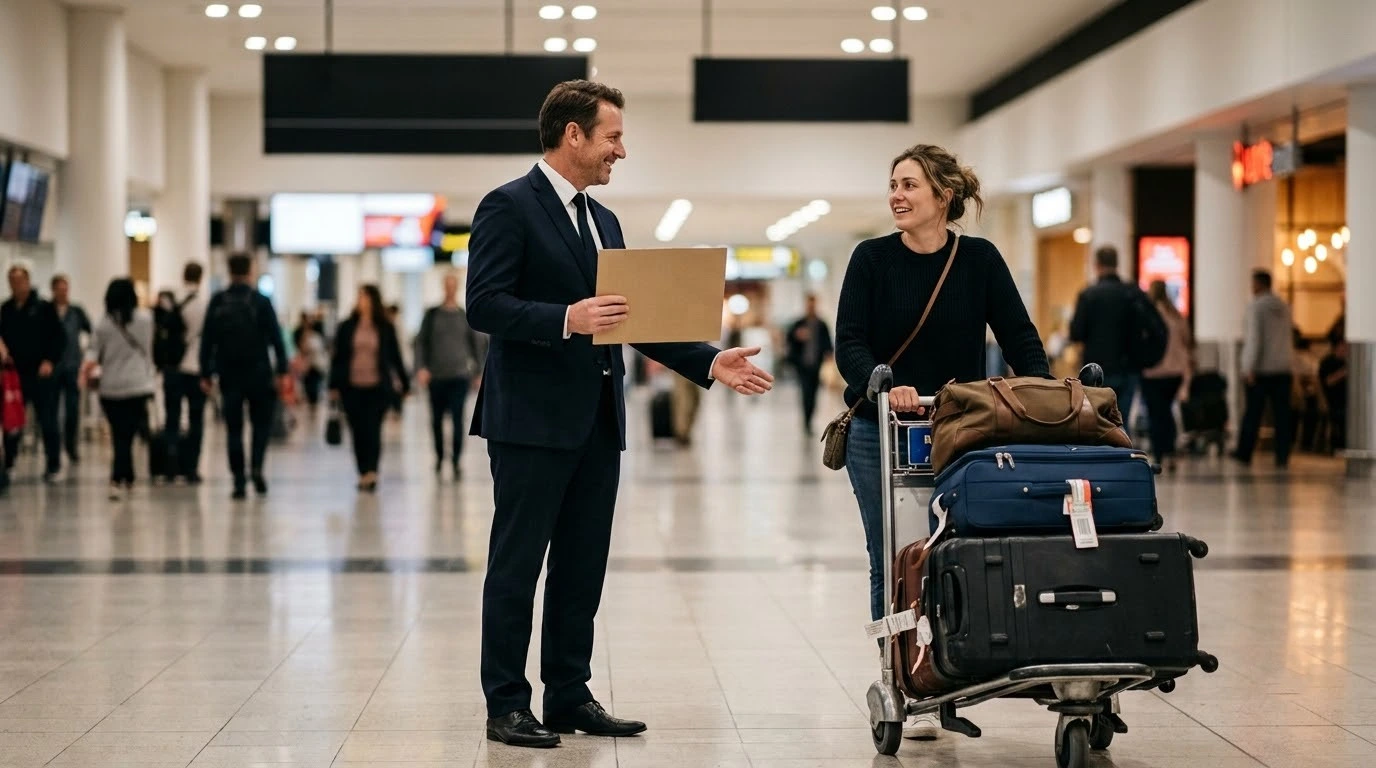 Airport chauffeur in Melbourne greeting an arriving traveller inside the terminal after a long-haul flight