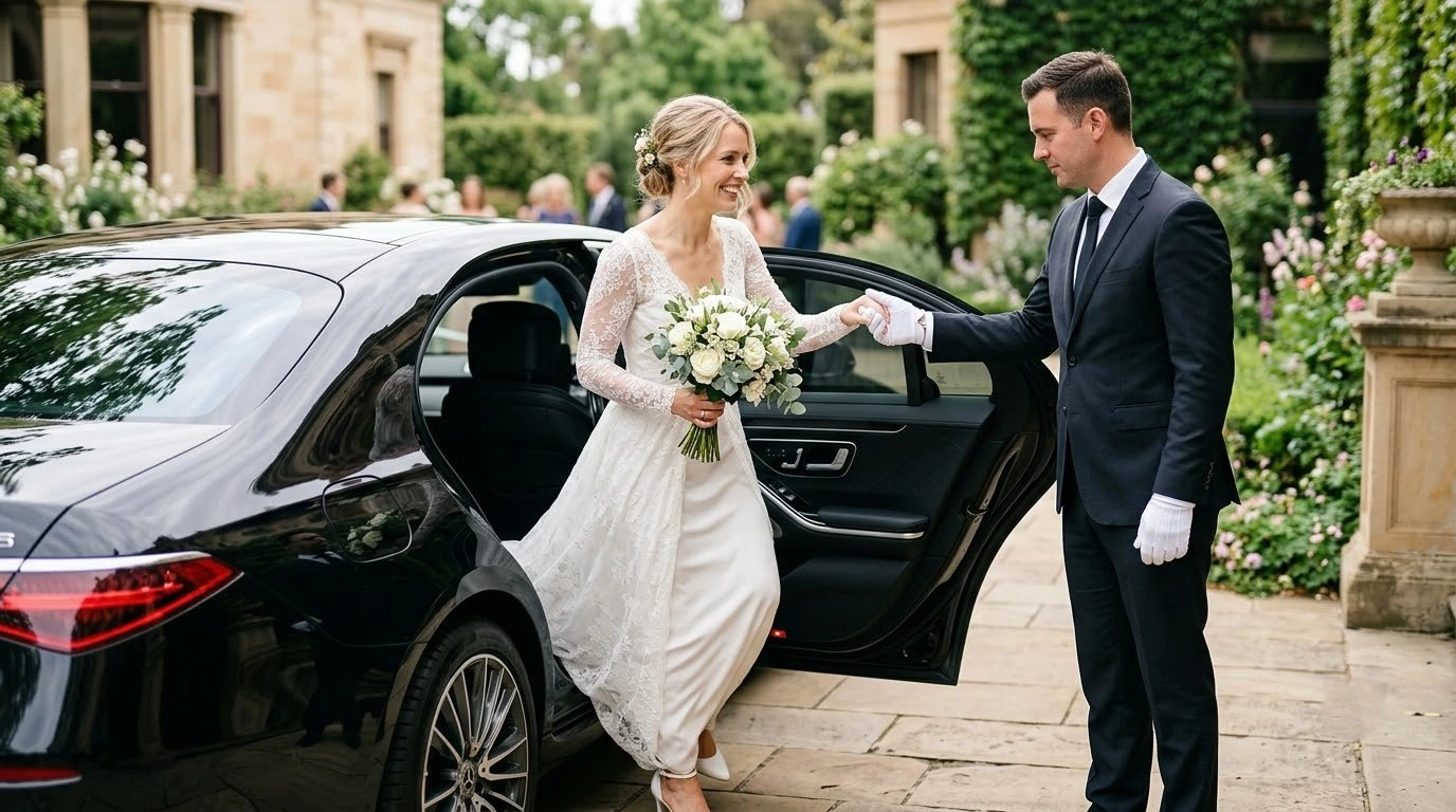 Chauffeur assisting a bride from a luxury Mercedes sedan outside a Melbourne wedding venue
