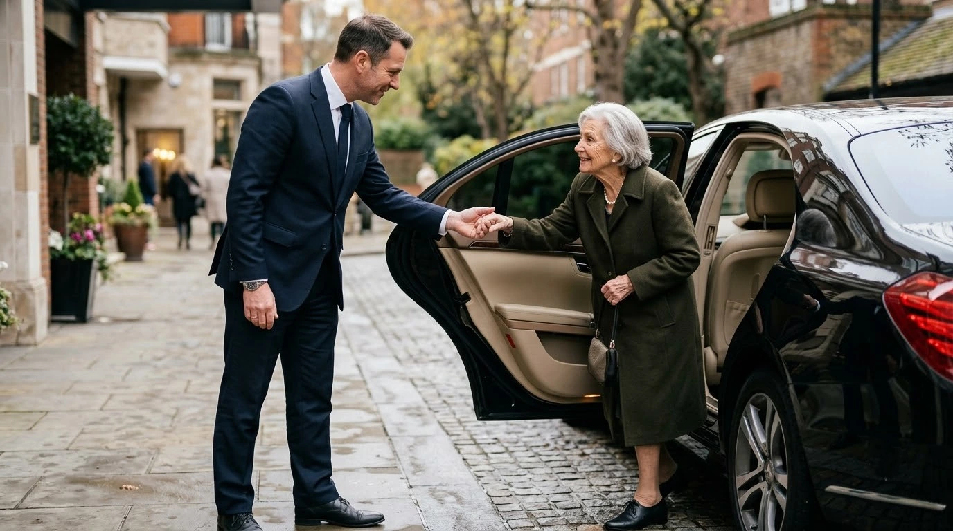 Chauffeur assisting an elderly passenger from a Mercedes as a private driver in Melbourne