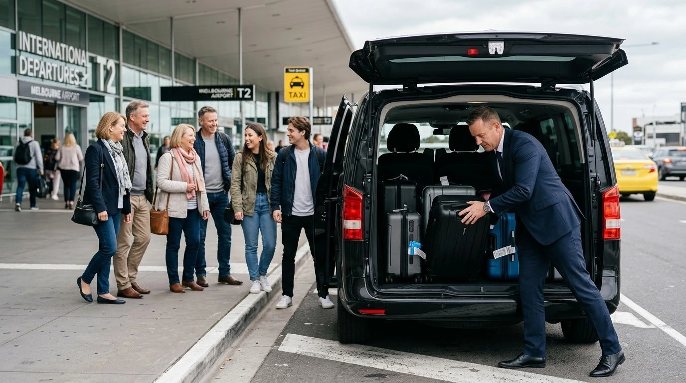 Chauffeur loading luggage into a Mercedes Sprinter for a group airport car service in Melbourne