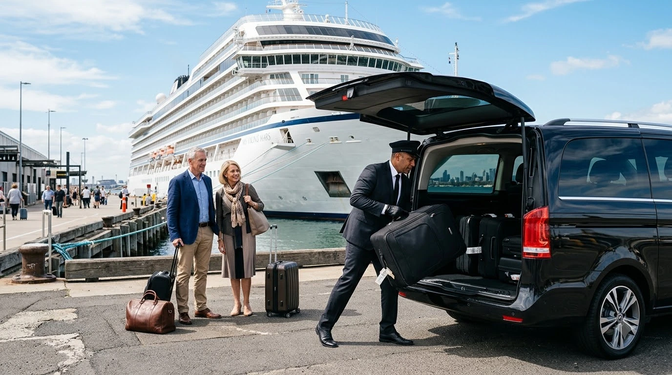 Chauffeur loading luggage into a Mercedes van for private car transfers in Melbourne at Station Pier