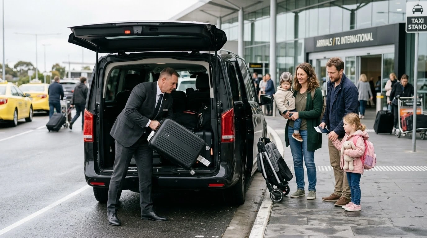 Chauffeur assisting a family with luggage beside a Mercedes van at Melbourne Airport