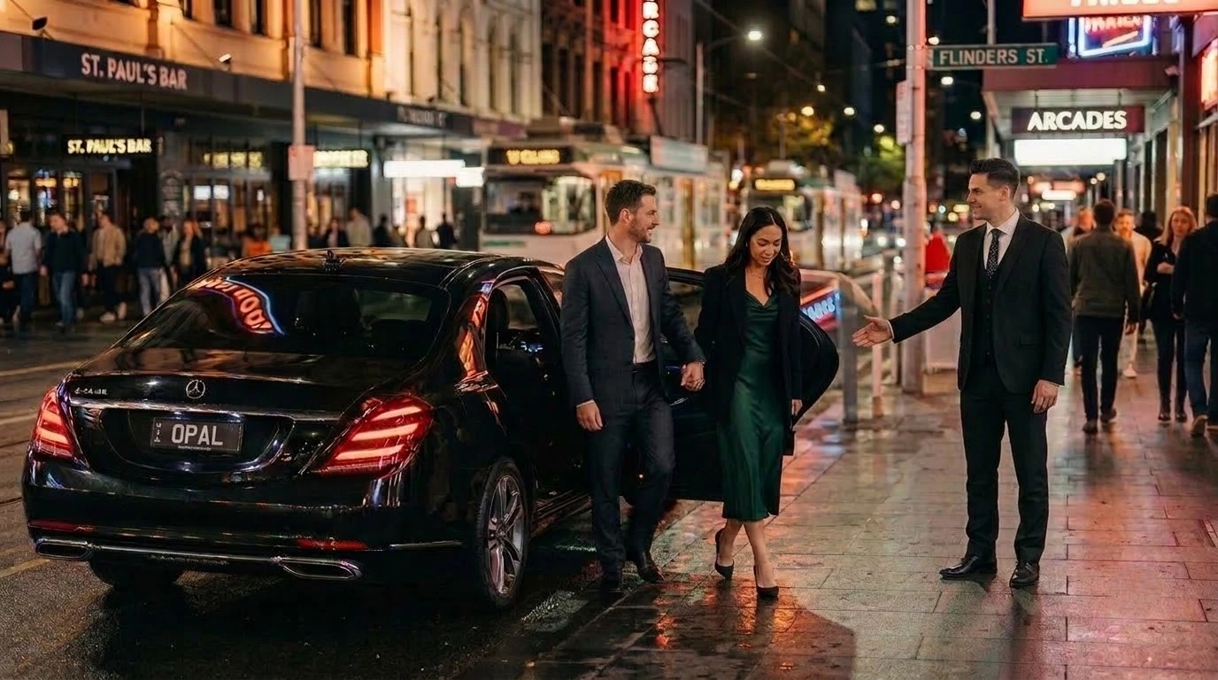 Couple arriving by Mercedes for a night out with a Melbourne chauffeur service