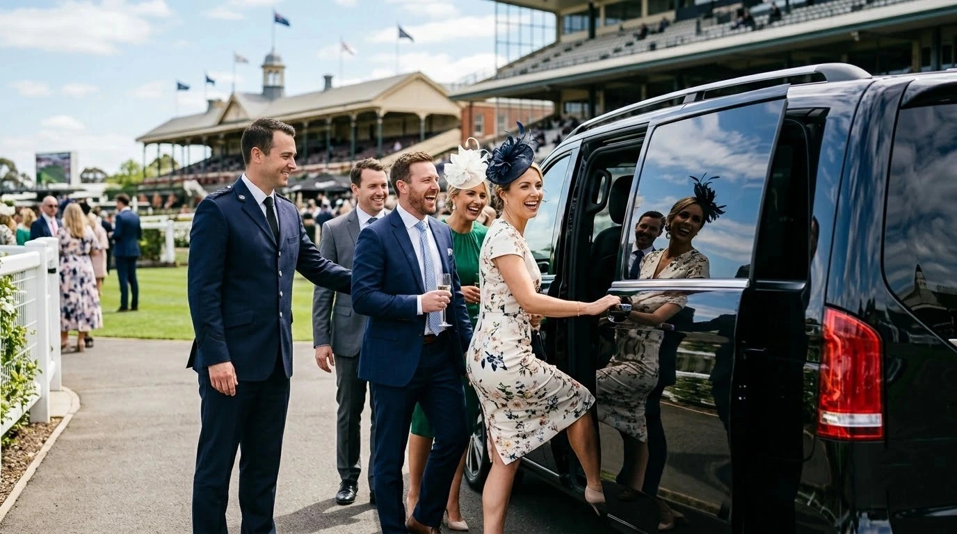Group of well-dressed guests boarding a Mercedes van outside a Melbourne racecourse on race day