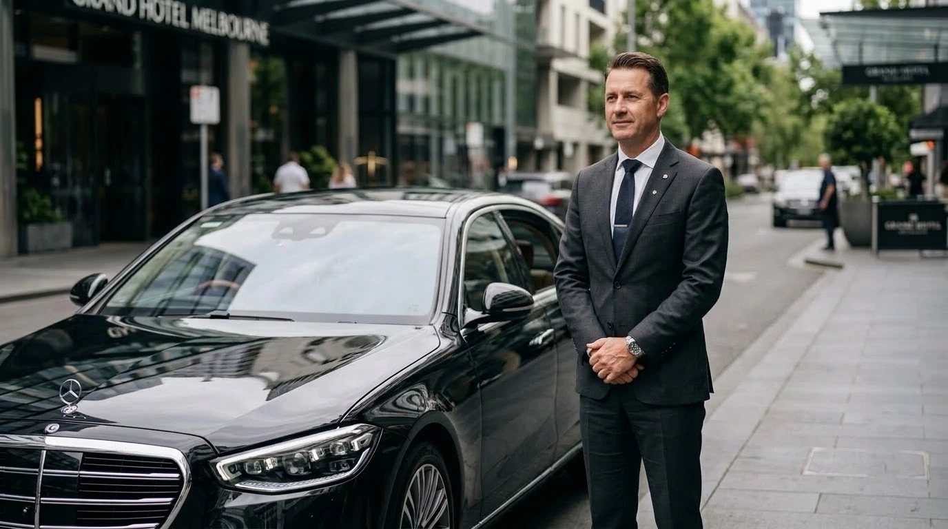 Professional chauffeur beside a Mercedes sedan representing a reliable chauffeur service in Melbourne