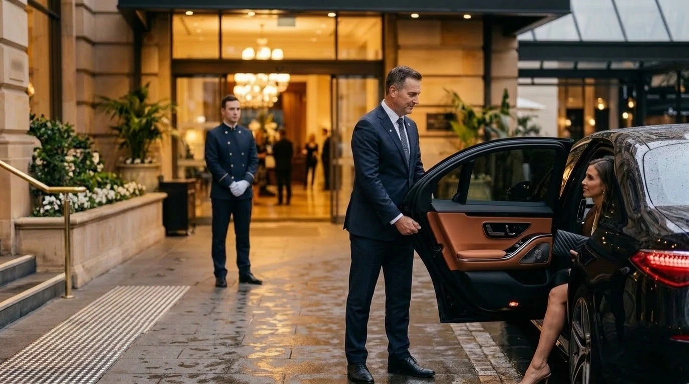 Chauffeur waiting by a Mercedes at a hotel entrance for a premium chauffeur service in Melbourne concierge transfer