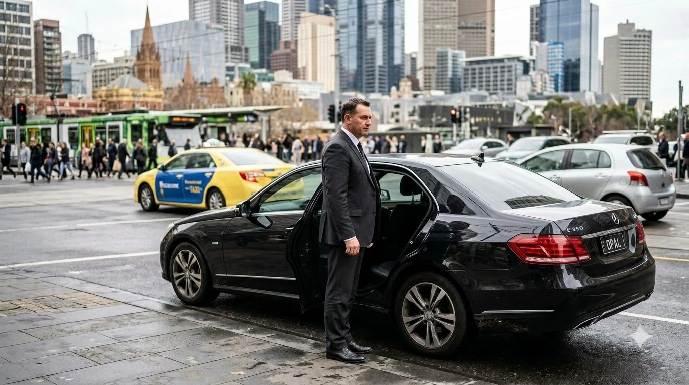 Black chauffeur-driven Mercedes sedan at a Melbourne kerb with a taxi and other cars in the background