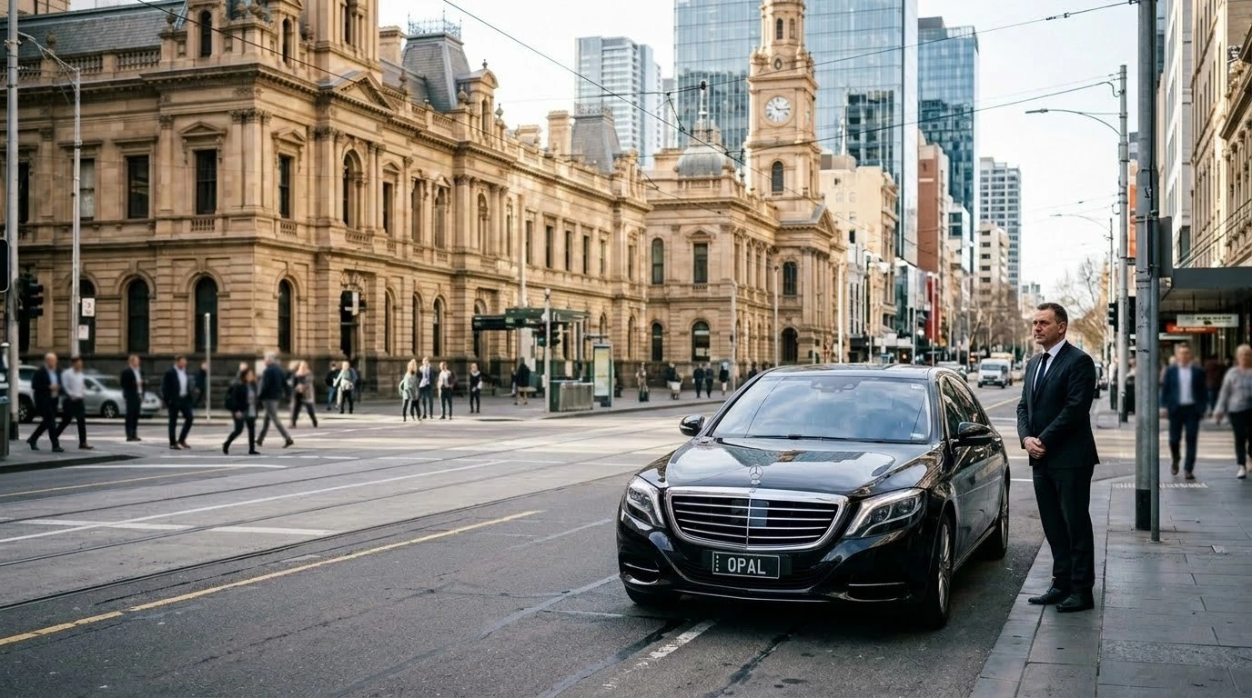 Melbourne CBD street with a tram and a chauffeur sedan showing transport options for a Melbourne Airport to city transfer and beyond