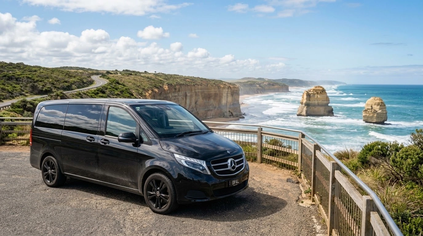 Luxury chauffeured car at a Great Ocean Road lookout on a private car service day trip from Melbourne