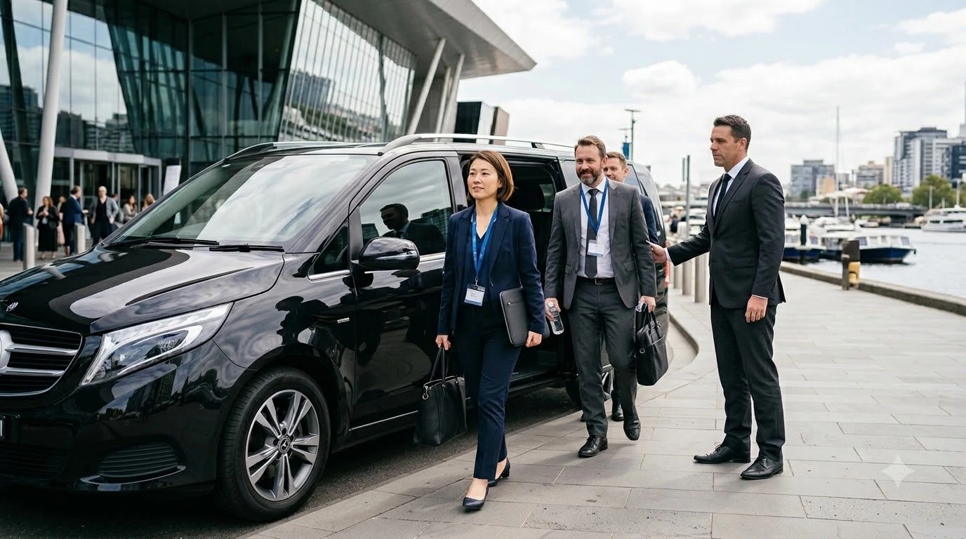 Business delegates arriving by Mercedes for corporate transfers at a Melbourne convention venue