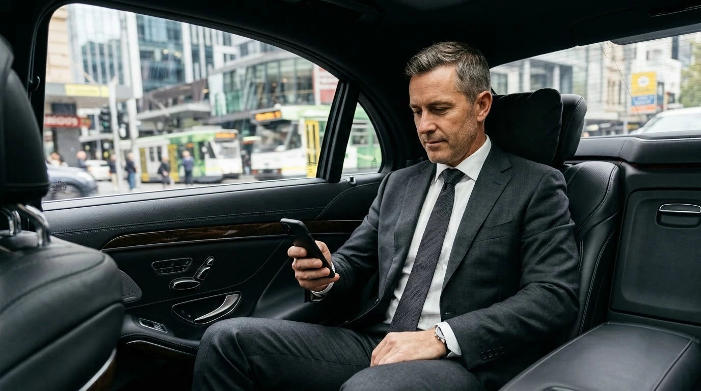 Executive working in the back of a Mercedes during a day of hourly transfers in Melbourne