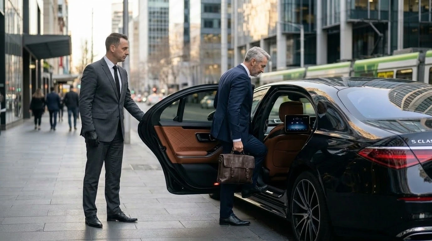 Chauffeur opening the door of a Mercedes S-Class for a business traveller outside a Melbourne office building