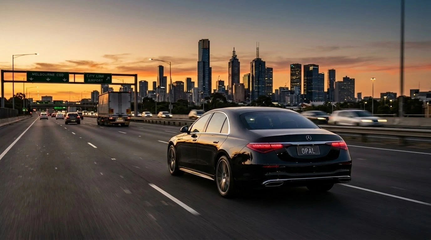 Luxury chauffeur sedan travelling along the motorway towards the Melbourne CBD skyline at dusk