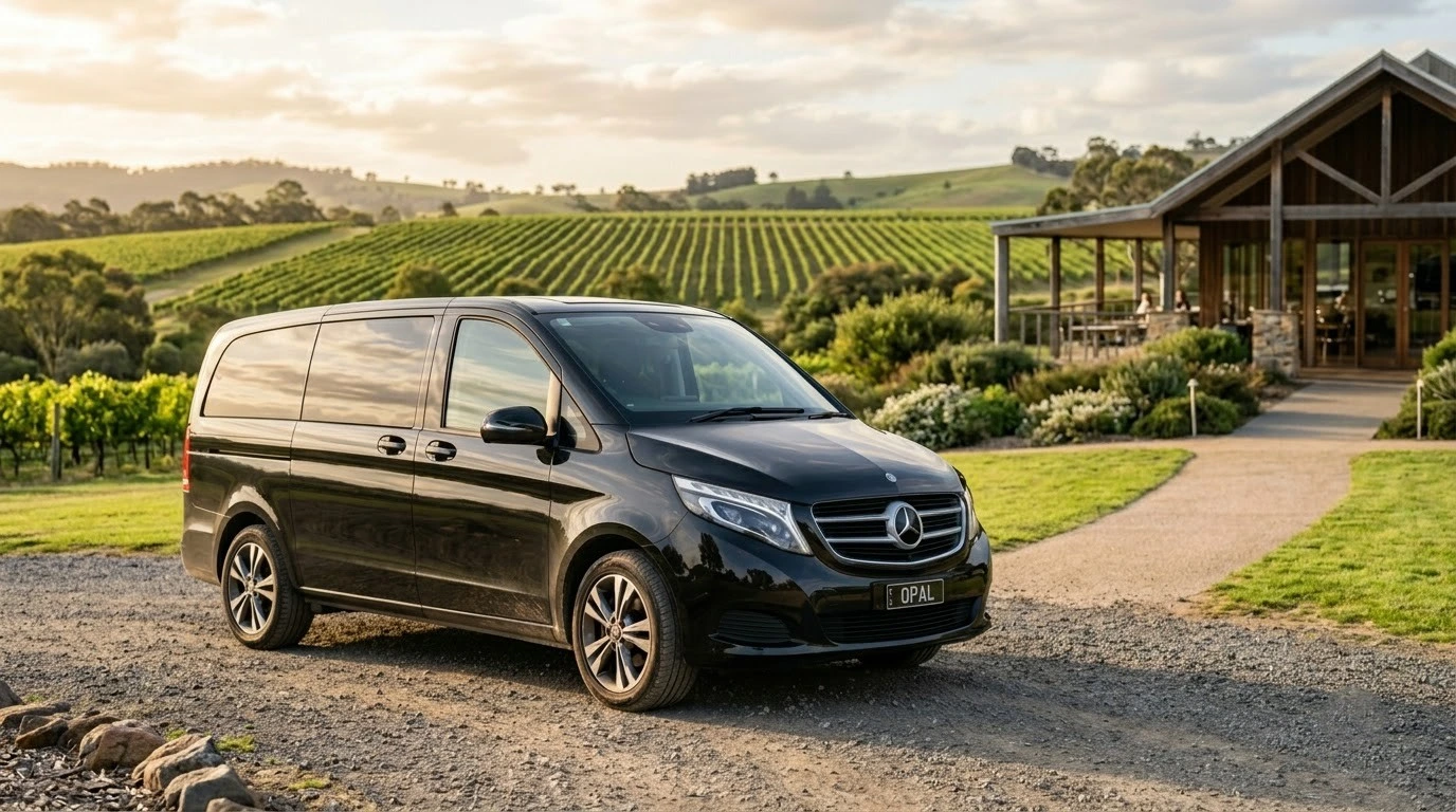 Luxury chauffeur vehicle parked at a Yarra Valley winery with vineyard rows in the background
