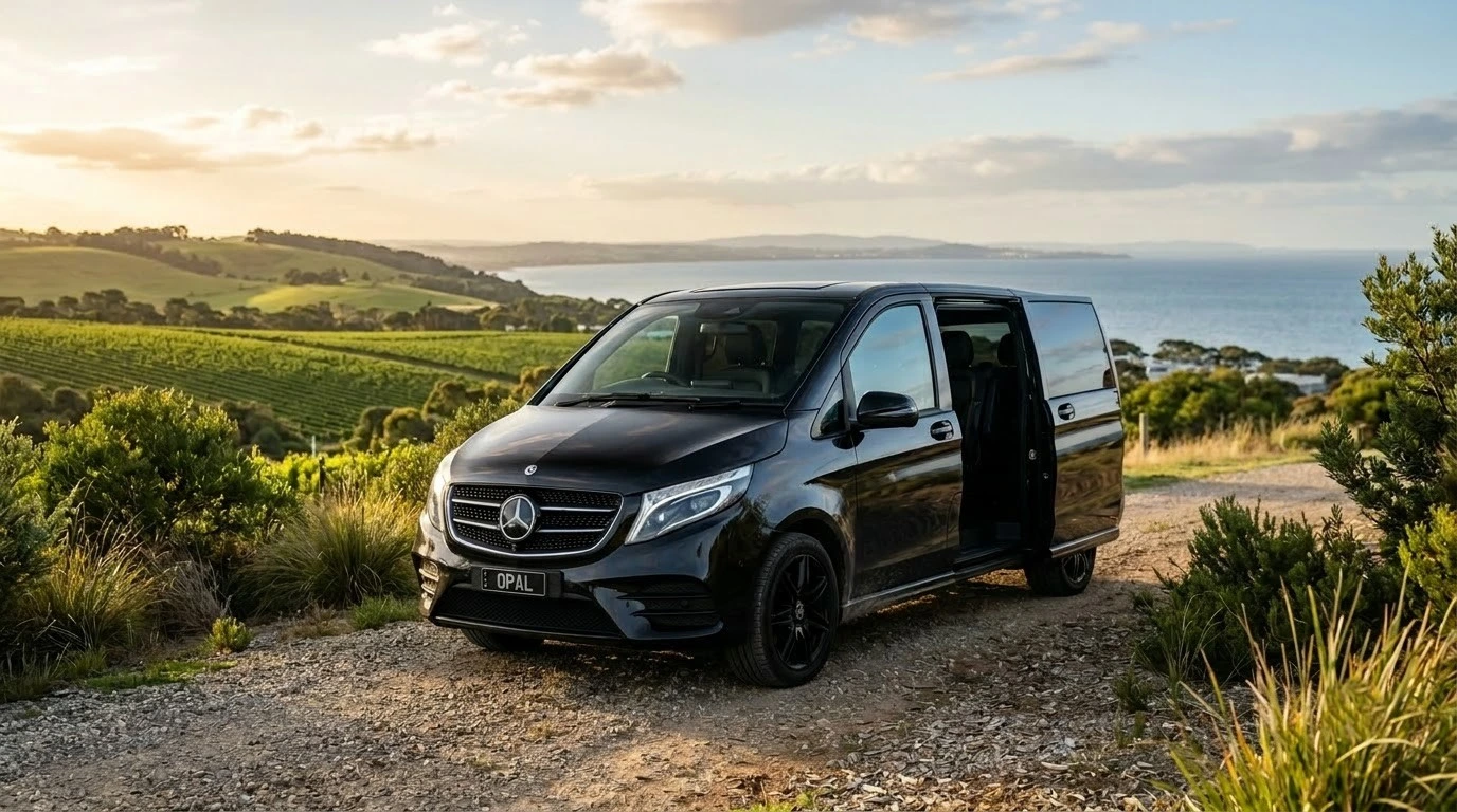 Luxury chauffeured car on a Mornington Peninsula day chauffeur hire trip with coastal scenery behind